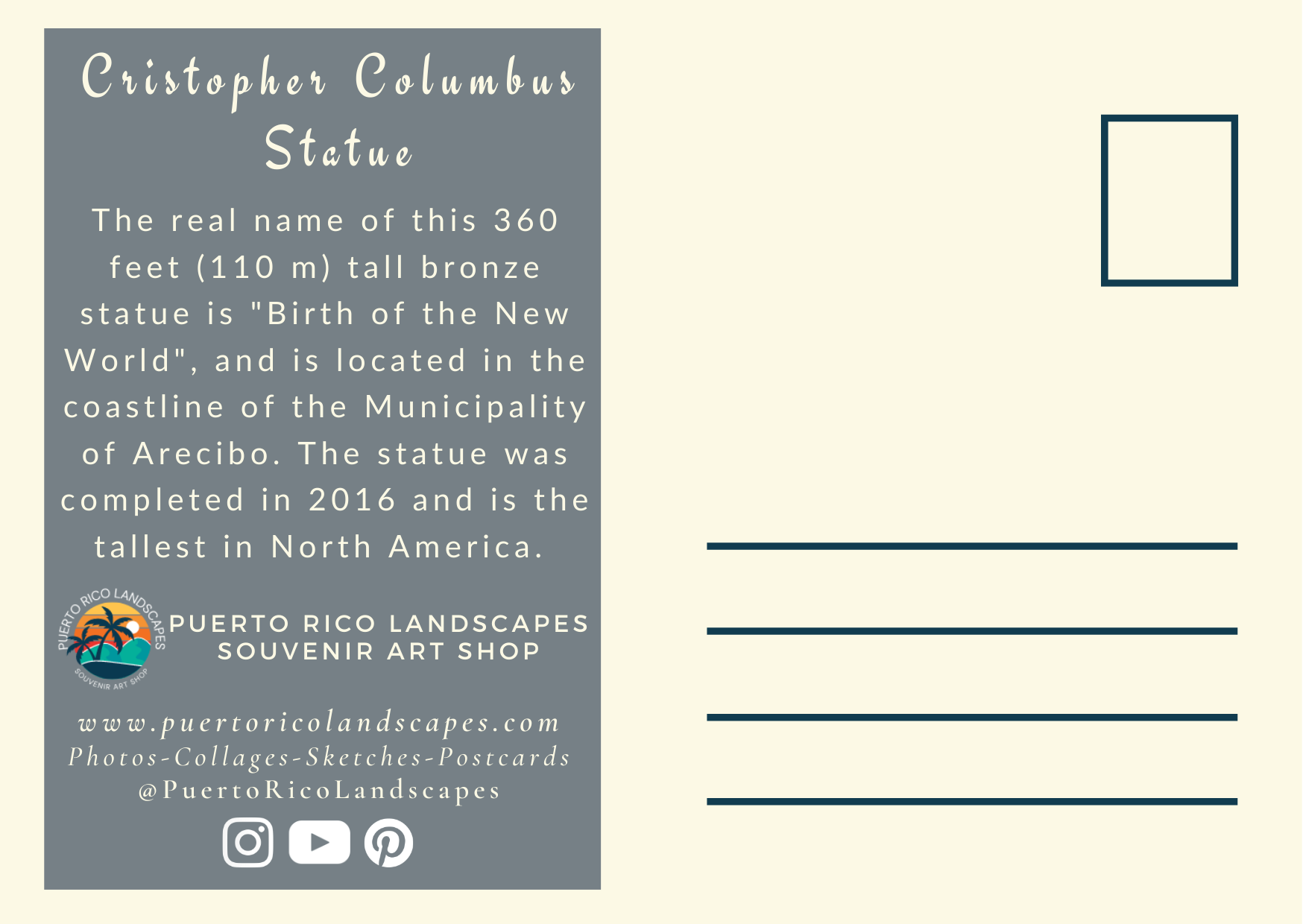 CHristopher Columbus Statue Mail Postcard Back