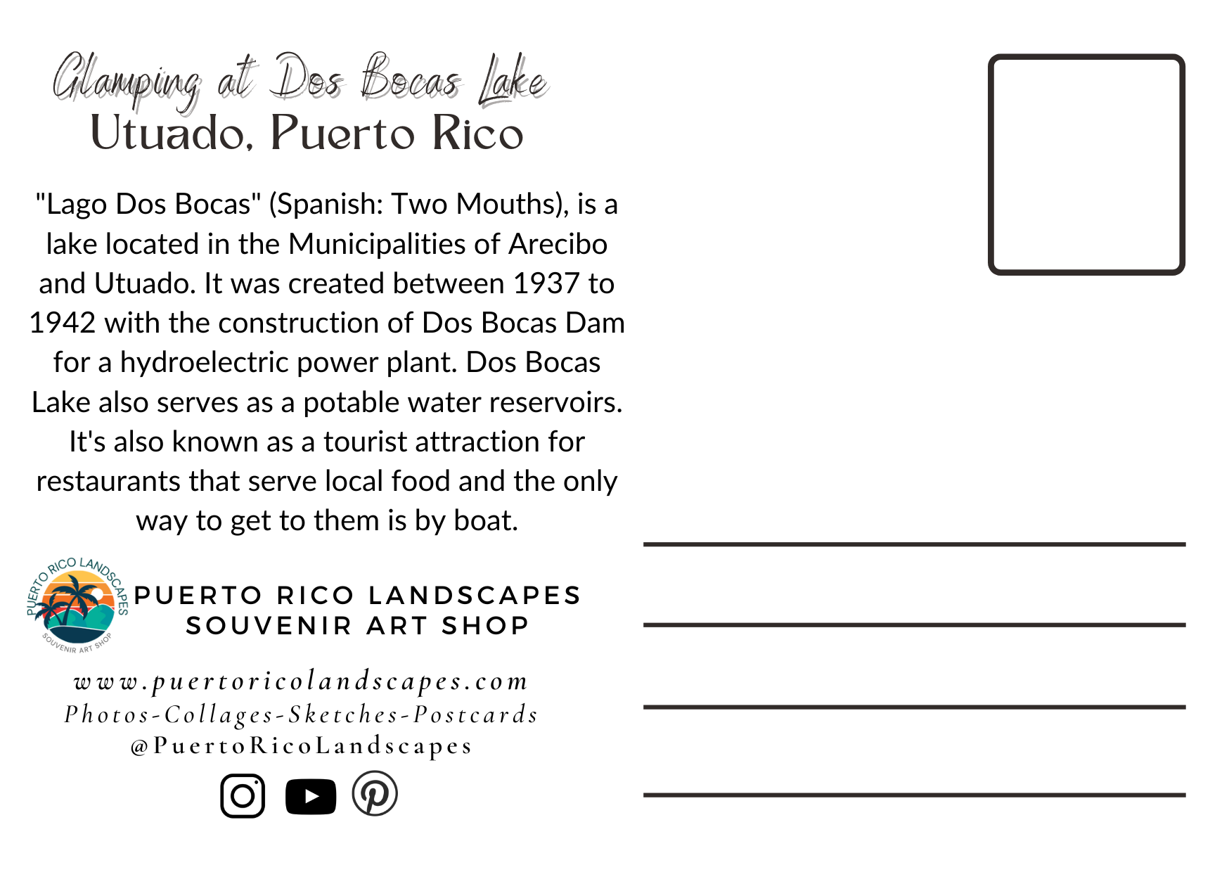 Glamping Dos Bocas Lake Mail Postcard Back