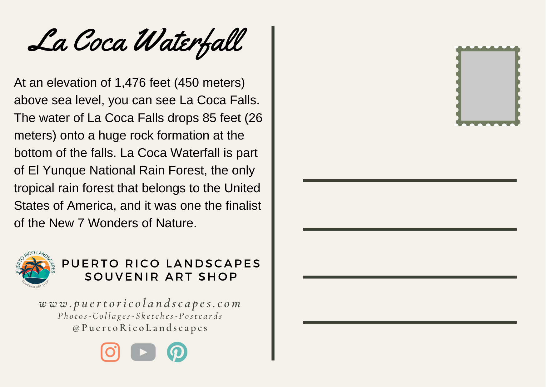 La Coca Falls Mail Postcard Back